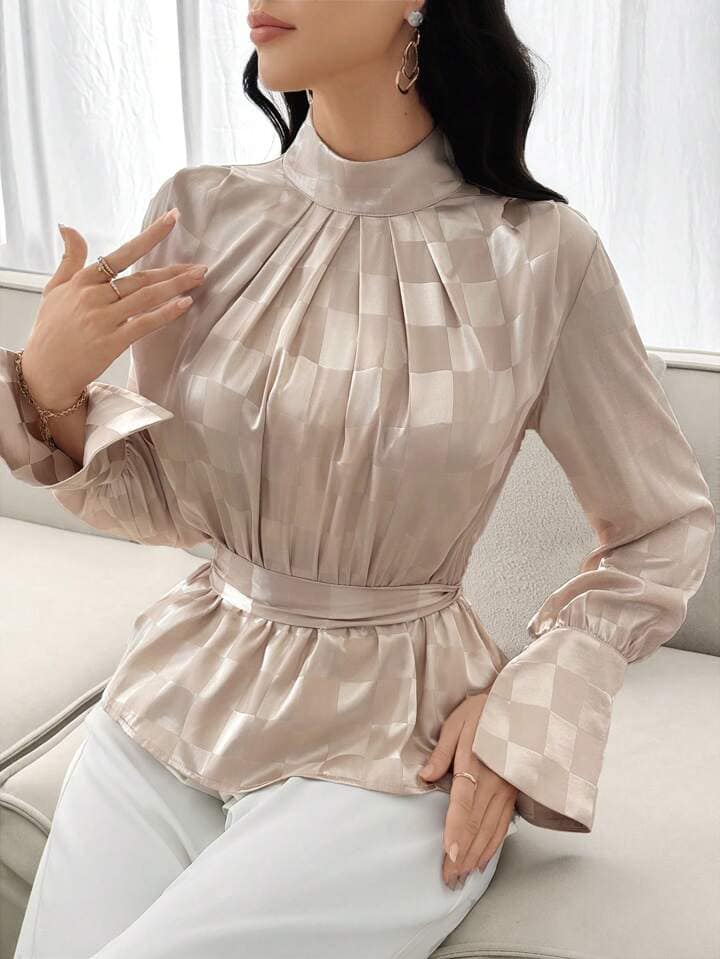 CM-TS669011 Women Elegant Seouol Style Checkerboard Stand Collar Long Sleeve Blouse