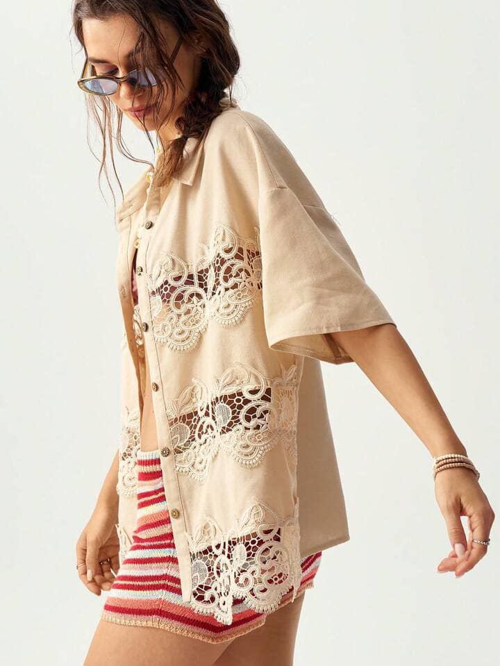 CM-TS735370 Women Trendy Bohemian Style Lace Patchwork Short Sleeve Blouse - Apricot