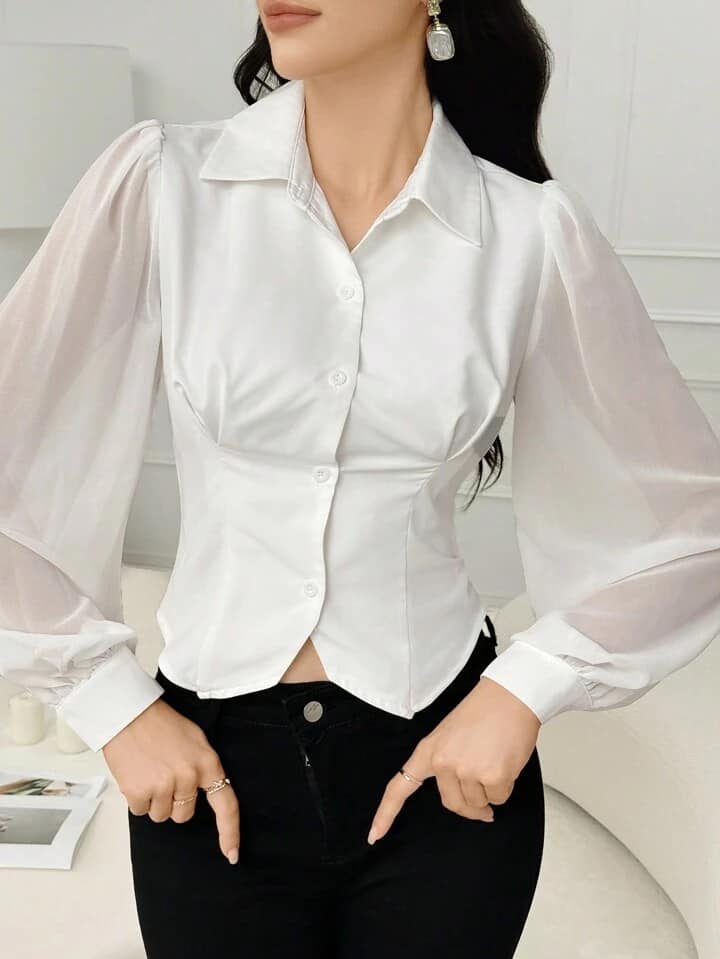 CM-TS680784 Women Elegant Seoul Style Asymmetric Hem Front Button Long Sleeve Shirt