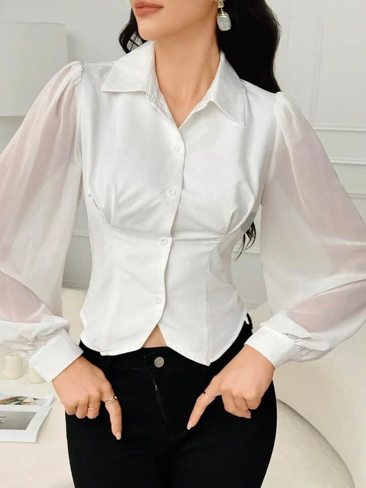 CM-TS680784 Women Elegant Seoul Style Asymmetric Hem Front Button Long Sleeve Shirt
