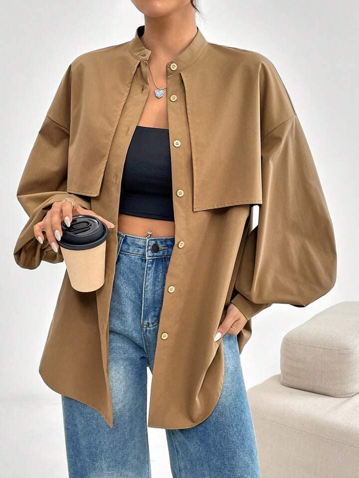 CM-TS933303 Women Elegant Seoul Style Solid Color Stand Collar Lantern Sleeve Blouse - Brown
