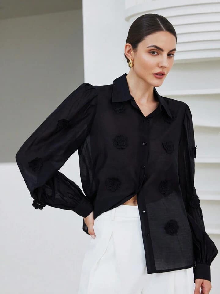 CM-TS488325 Women Casual Seoul Style 3D Embroidery Sheer Puff Sleeve Shirt - Black