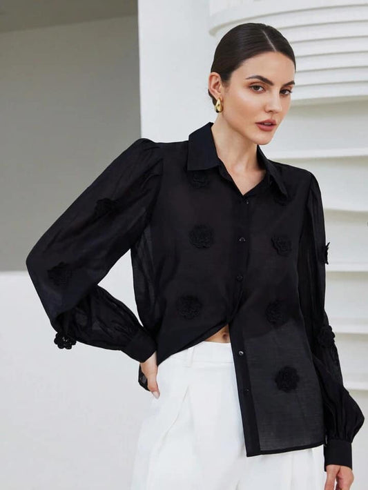 CM-TS488325 Women Casual Seoul Style 3D Embroidery Sheer Puff Sleeve Shirt - Black