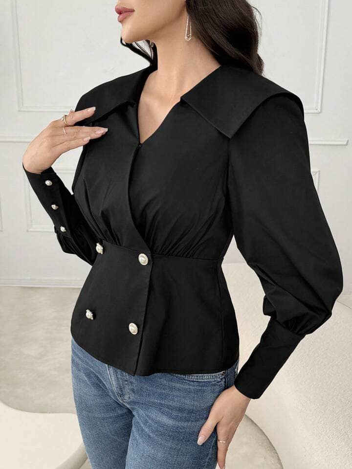 CM-TS585521 Women Elegant Seoul Style Solid Color Button Decorated V-Neck Long Sleeve Blouse
