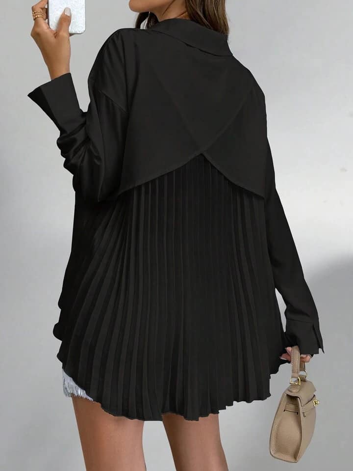 CM-TS764676 Women Casual Seoul Style Plain Button Down Long Sleeve Blouse With Pleated Back