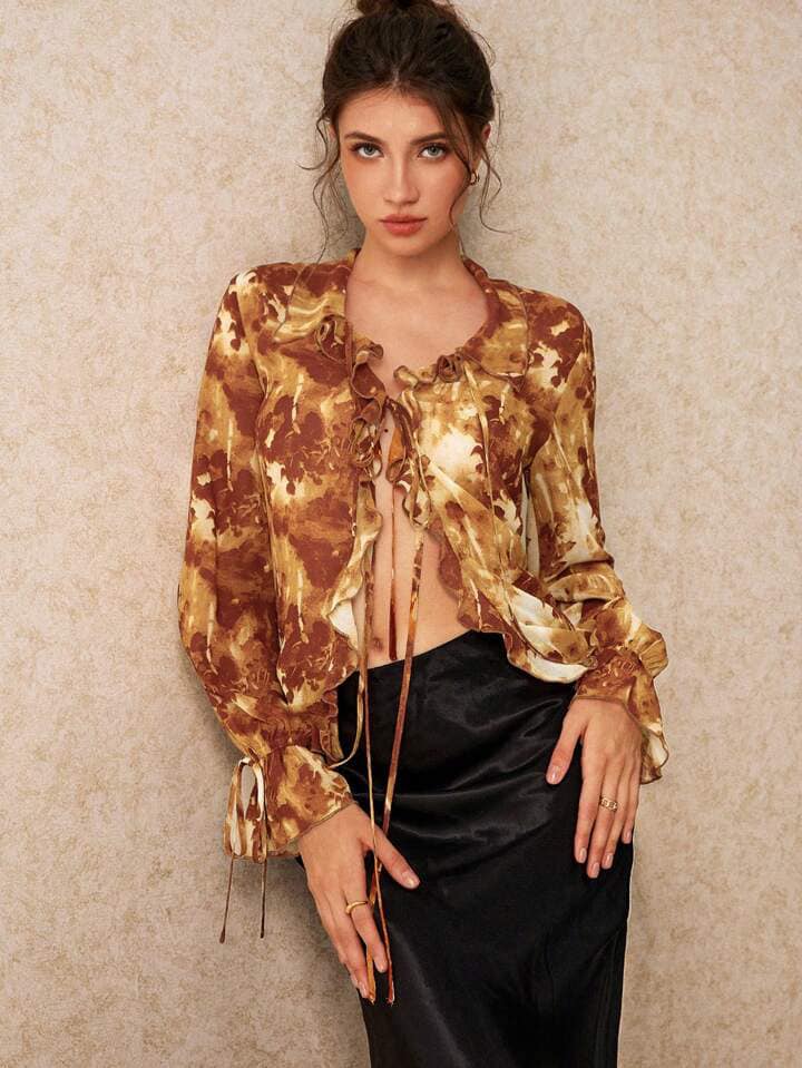 CM-TS843217 Women Trendy Bohemian Style Mesh See-Through Print Lace-Up Long Sleeve Shirt
