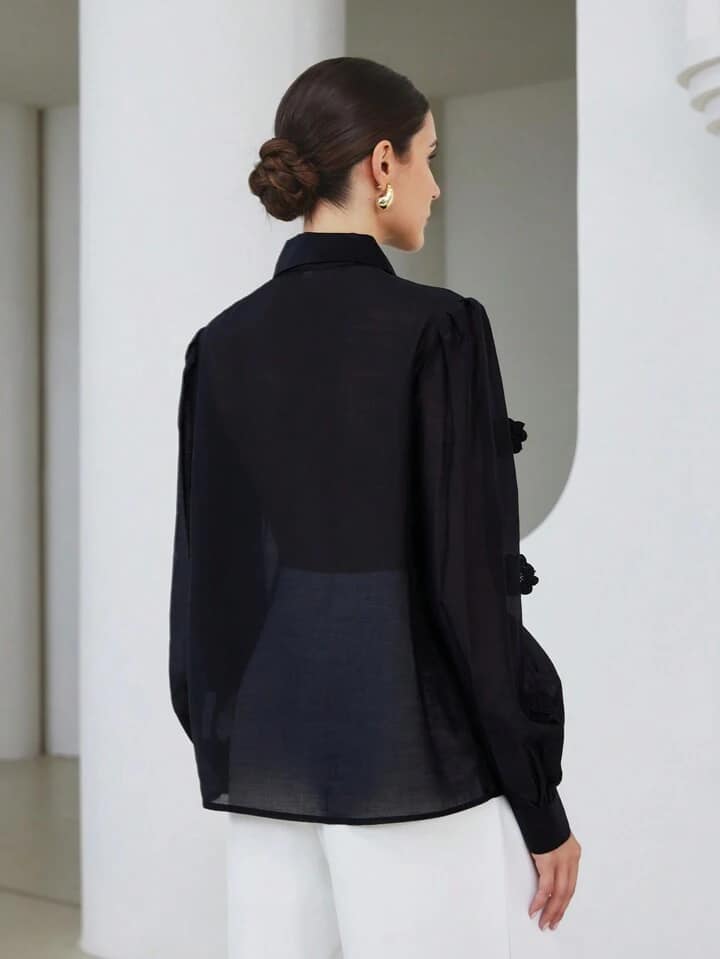CM-TS488325 Women Casual Seoul Style 3D Embroidery Sheer Puff Sleeve Shirt - Black