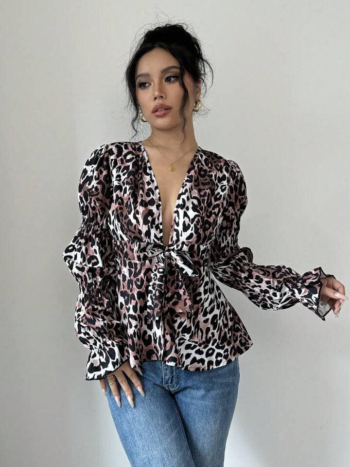 CM-TS614776 Women Casual Seoul Style Front Open Tie Waist Long Sleeve All-Over Print Blouse