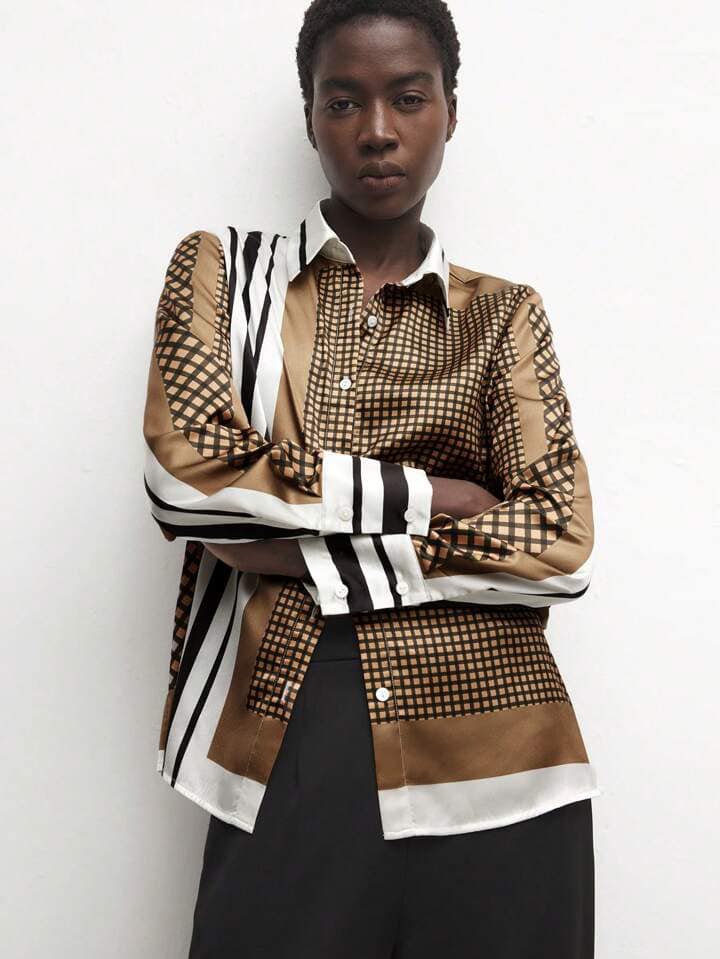 CM-TS627417 Women Casual Seoul Style Collar Neckline Geometric Print Long Sleeve Shirt