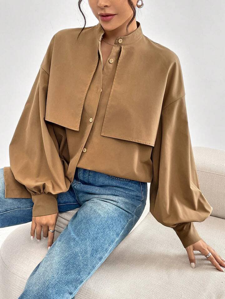CM-TS933303 Women Elegant Seoul Style Solid Color Stand Collar Lantern Sleeve Blouse - Brown