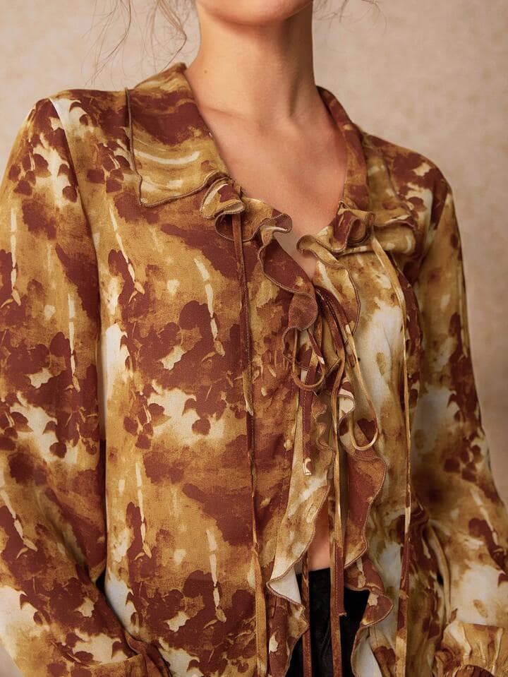 CM-TS843217 Women Trendy Bohemian Style Mesh See-Through Print Lace-Up Long Sleeve Shirt