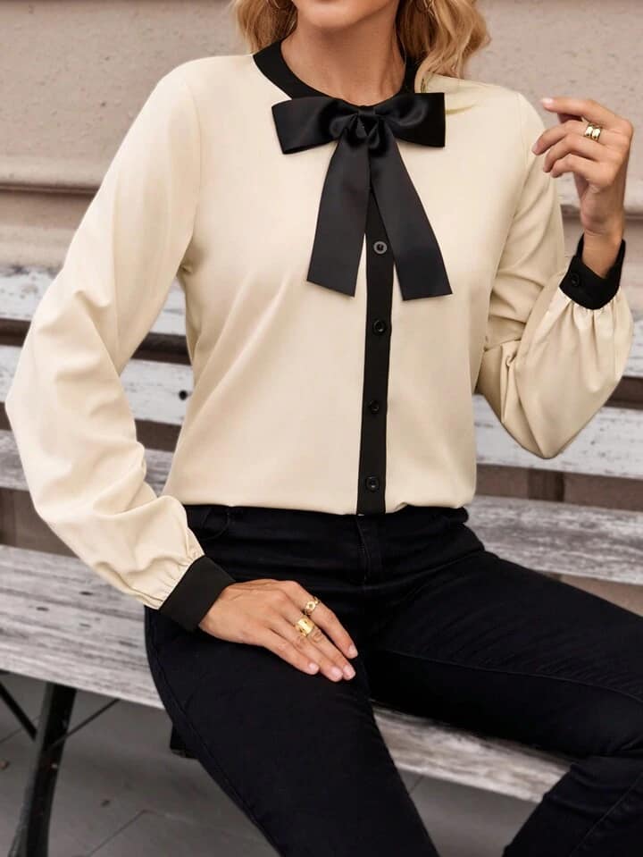 CM-TS352334 Women Casual Seoul Style Detachable Bow Button Front Long Sleeve Blouse - Apricot