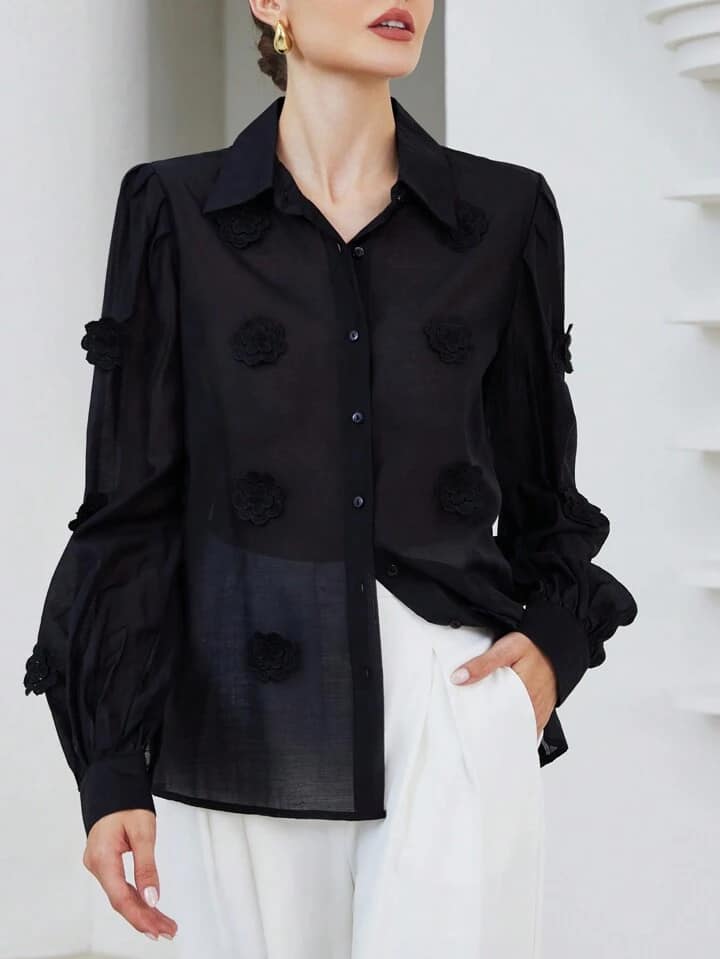 CM-TS488325 Women Casual Seoul Style 3D Embroidery Sheer Puff Sleeve Shirt - Black