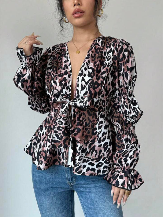 CM-TS614776 Women Casual Seoul Style Front Open Tie Waist Long Sleeve All-Over Print Blouse