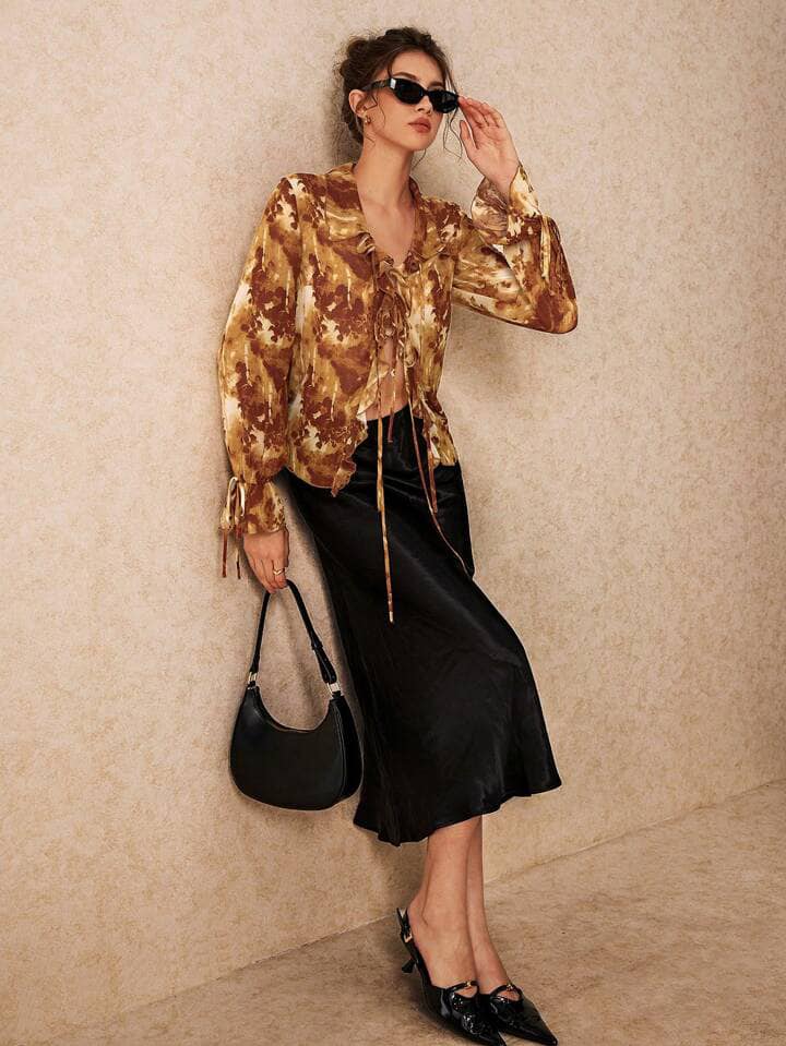 CM-TS843217 Women Trendy Bohemian Style Mesh See-Through Print Lace-Up Long Sleeve Shirt