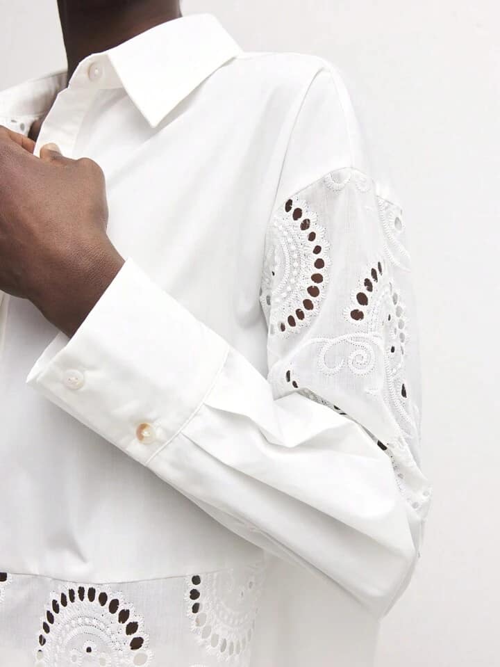 CM-TS488209 Women Casual Seoul Style Floral Hollow Embroidery Drop Shoulder Long Sleeve Shirt