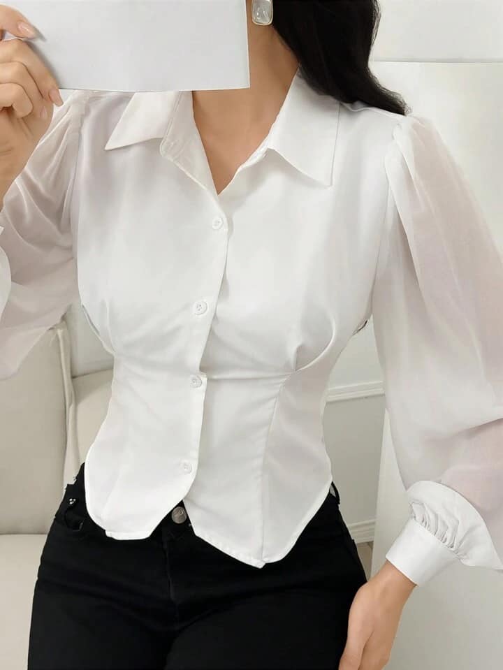 CM-TS680784 Women Elegant Seoul Style Asymmetric Hem Front Button Long Sleeve Shirt