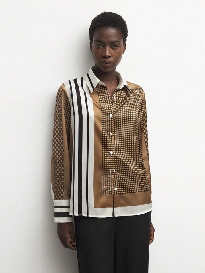 CM-TS627417 Women Casual Seoul Style Collar Neckline Geometric Print Long Sleeve Shirt