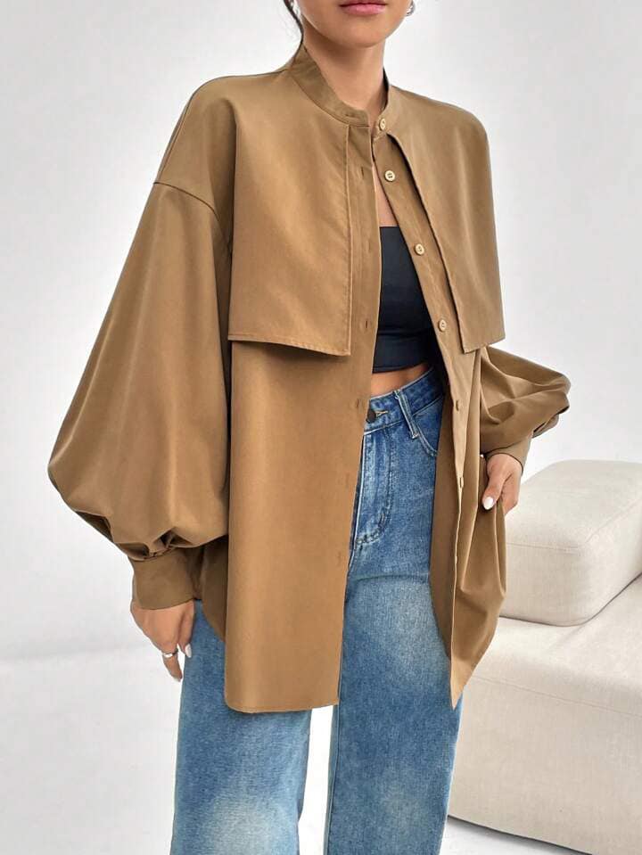 CM-TS933303 Women Elegant Seoul Style Solid Color Stand Collar Lantern Sleeve Blouse - Brown