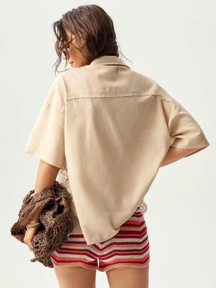 CM-TS735370 Women Trendy Bohemian Style Lace Patchwork Short Sleeve Blouse - Apricot