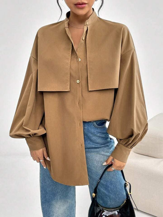 CM-TS933303 Women Elegant Seoul Style Solid Color Stand Collar Lantern Sleeve Blouse - Brown