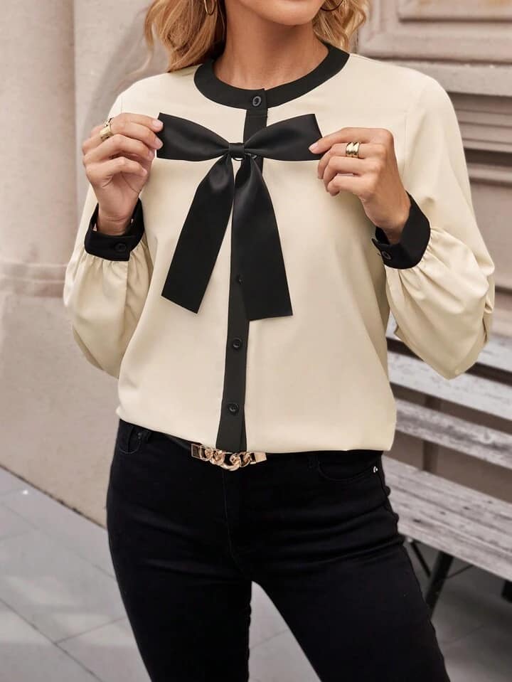 CM-TS352334 Women Casual Seoul Style Detachable Bow Button Front Long Sleeve Blouse - Apricot