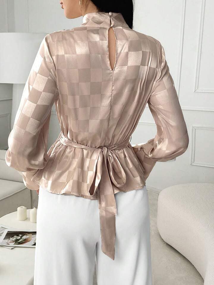 CM-TS669011 Women Elegant Seouol Style Checkerboard Stand Collar Long Sleeve Blouse