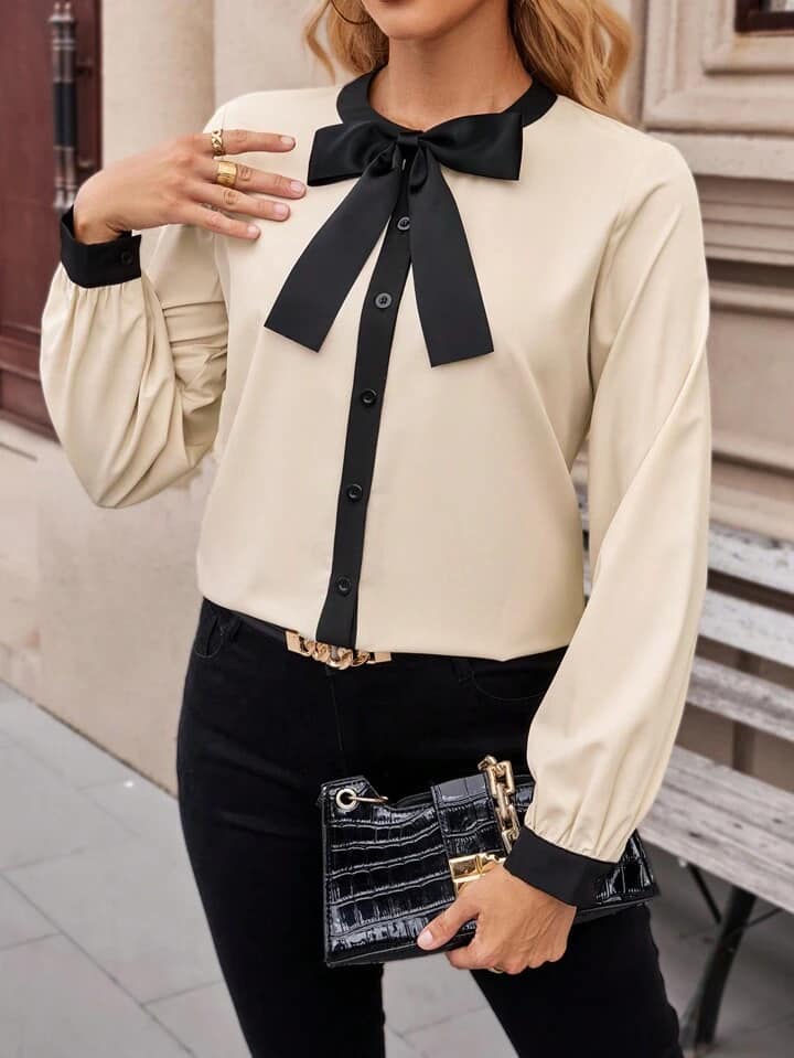 CM-TS352334 Women Casual Seoul Style Detachable Bow Button Front Long Sleeve Blouse - Apricot
