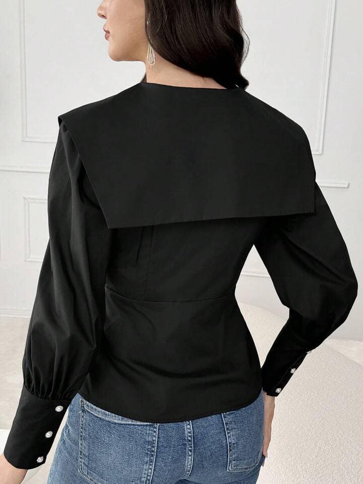 CM-TS585521 Women Elegant Seoul Style Solid Color Button Decorated V-Neck Long Sleeve Blouse
