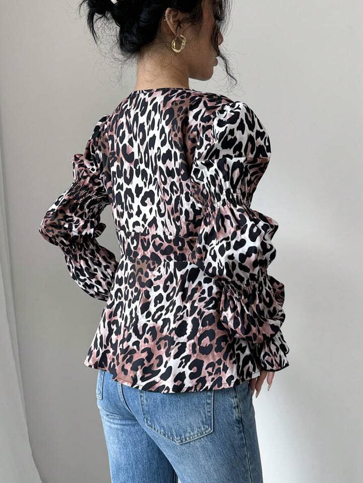 CM-TS614776 Women Casual Seoul Style Front Open Tie Waist Long Sleeve All-Over Print Blouse