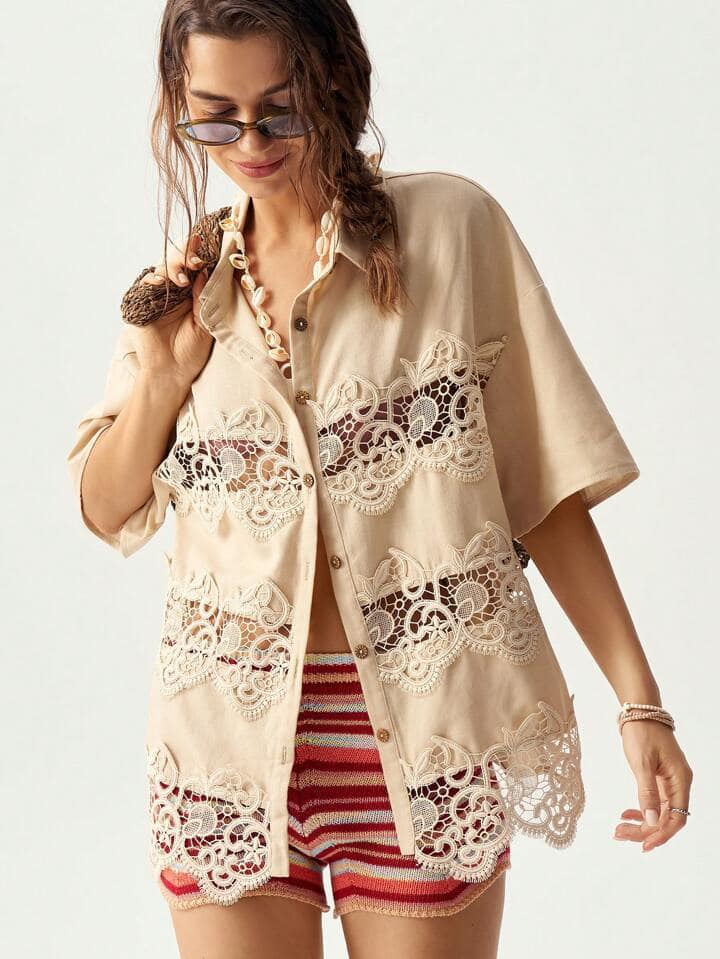 CM-TS735370 Women Trendy Bohemian Style Lace Patchwork Short Sleeve Blouse - Apricot