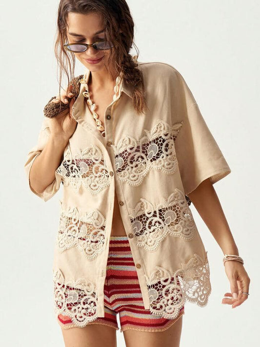 CM-TS735370 Women Trendy Bohemian Style Lace Patchwork Short Sleeve Blouse - Apricot