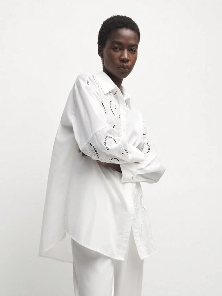CM-TS488209 Women Casual Seoul Style Floral Hollow Embroidery Drop Shoulder Long Sleeve Shirt