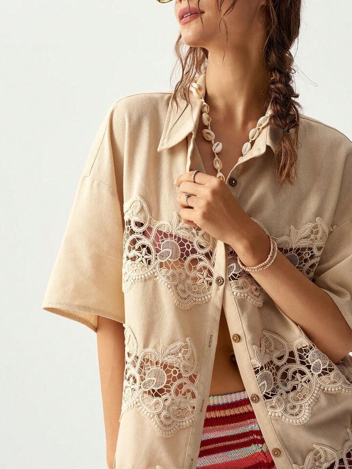 CM-TS735370 Women Trendy Bohemian Style Lace Patchwork Short Sleeve Blouse - Apricot