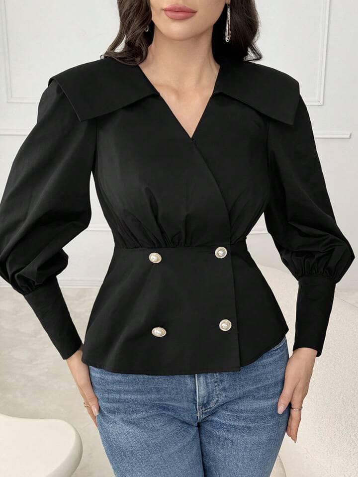 CM-TS585521 Women Elegant Seoul Style Solid Color Button Decorated V-Neck Long Sleeve Blouse