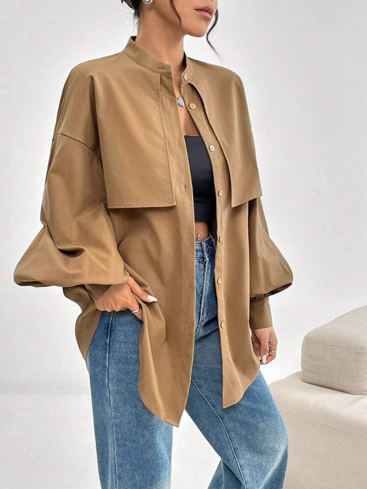 CM-TS933303 Women Elegant Seoul Style Solid Color Stand Collar Lantern Sleeve Blouse - Brown