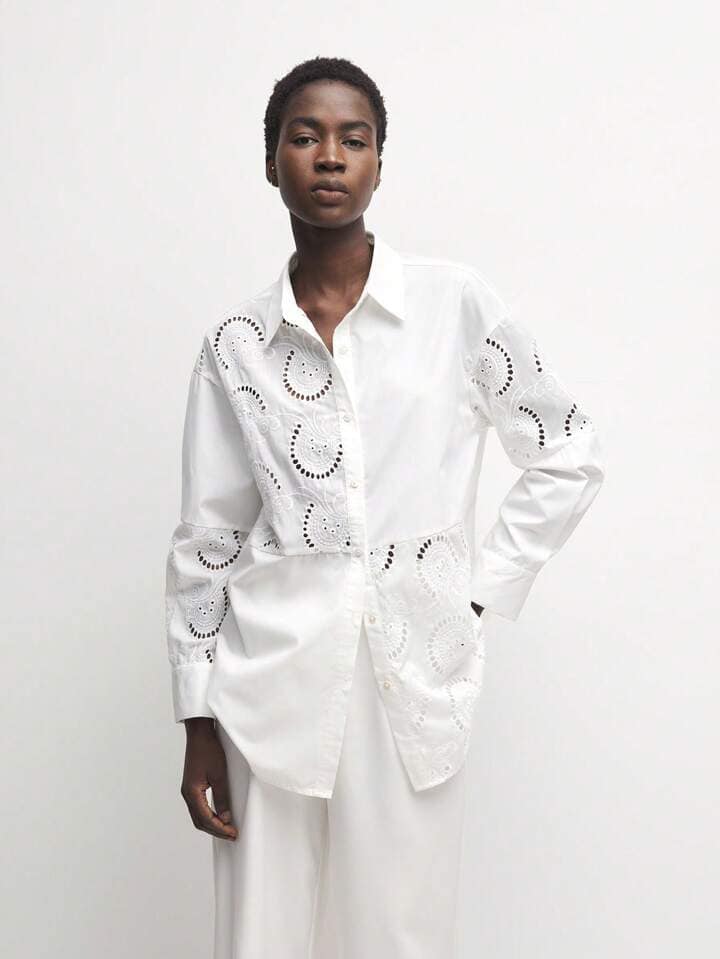 CM-TS488209 Women Casual Seoul Style Floral Hollow Embroidery Drop Shoulder Long Sleeve Shirt