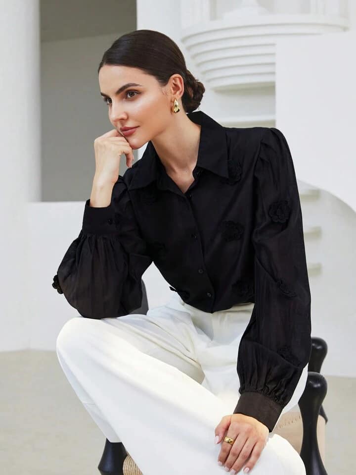 CM-TS488325 Women Casual Seoul Style 3D Embroidery Sheer Puff Sleeve Shirt - Black
