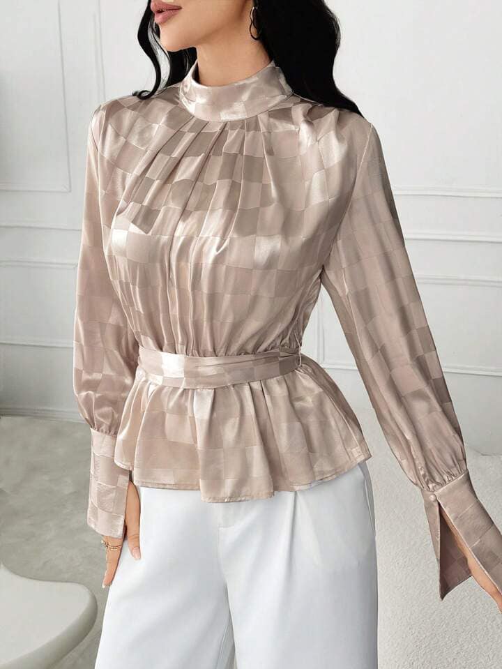 CM-TS669011 Women Elegant Seouol Style Checkerboard Stand Collar Long Sleeve Blouse