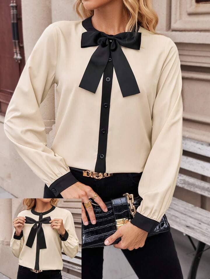 CM-TS352334 Women Casual Seoul Style Detachable Bow Button Front Long Sleeve Blouse - Apricot
