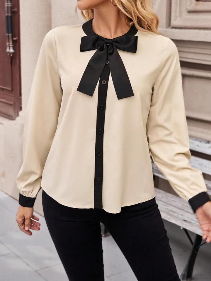 CM-TS352334 Women Casual Seoul Style Detachable Bow Button Front Long Sleeve Blouse - Apricot