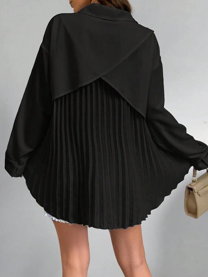CM-TS764676 Women Casual Seoul Style Plain Button Down Long Sleeve Blouse With Pleated Back