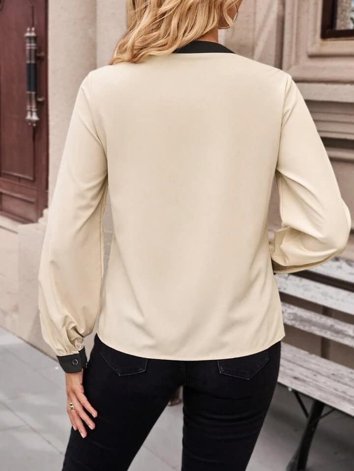 CM-TS352334 Women Casual Seoul Style Detachable Bow Button Front Long Sleeve Blouse - Apricot