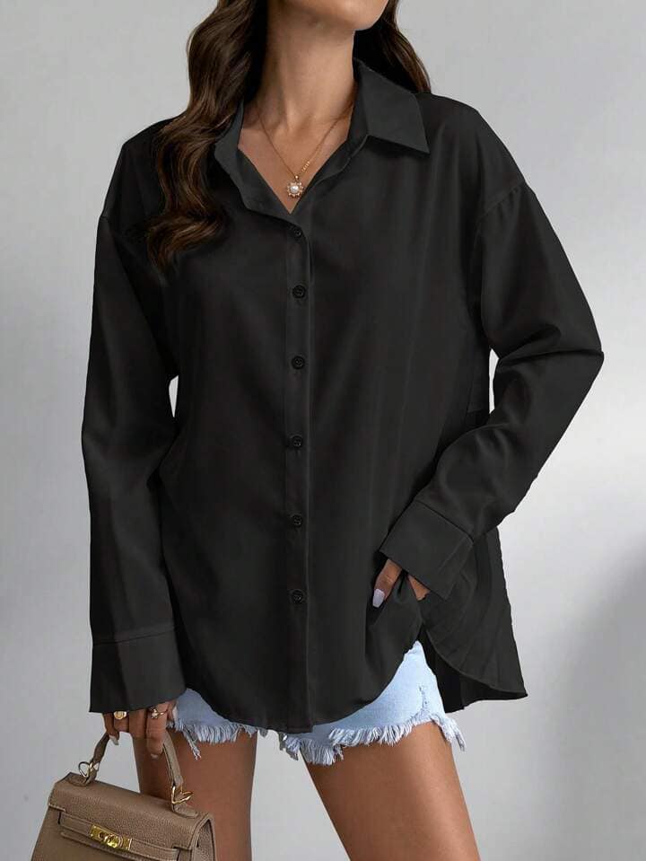 CM-TS764676 Women Casual Seoul Style Plain Button Down Long Sleeve Blouse With Pleated Back