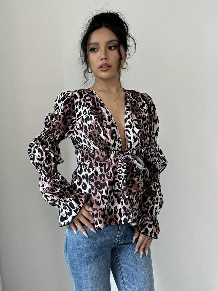 CM-TS614776 Women Casual Seoul Style Front Open Tie Waist Long Sleeve All-Over Print Blouse