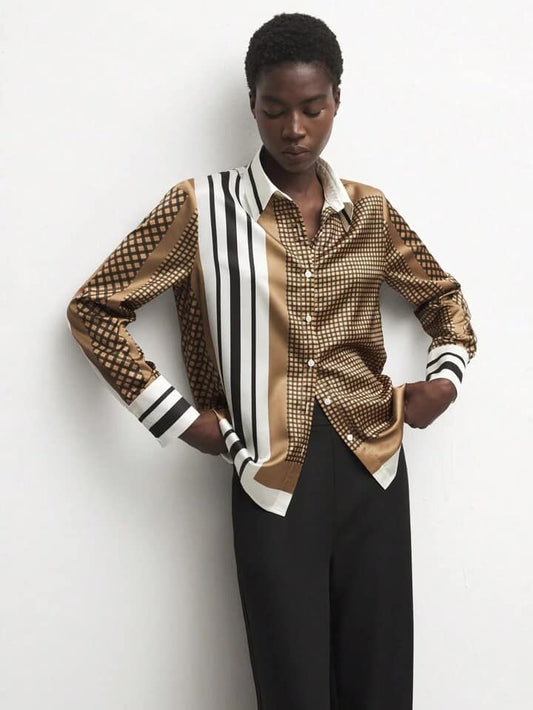 CM-TS627417 Women Casual Seoul Style Collar Neckline Geometric Print Long Sleeve Shirt