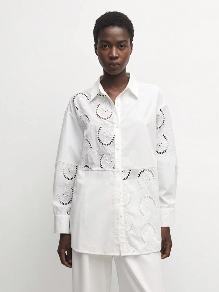 CM-TS488209 Women Casual Seoul Style Floral Hollow Embroidery Drop Shoulder Long Sleeve Shirt