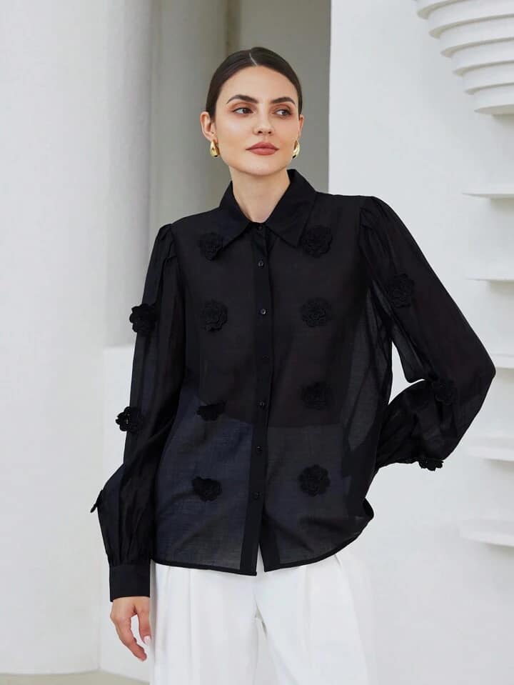 CM-TS488325 Women Casual Seoul Style 3D Embroidery Sheer Puff Sleeve Shirt - Black