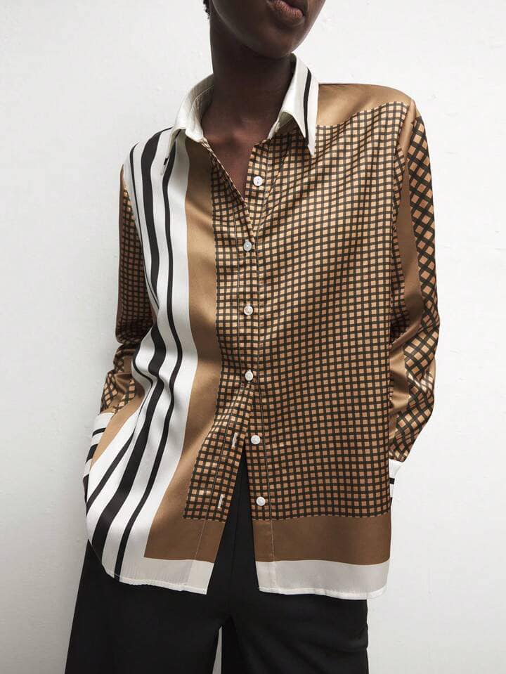 CM-TS627417 Women Casual Seoul Style Collar Neckline Geometric Print Long Sleeve Shirt