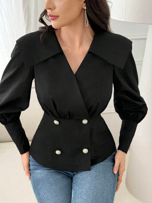 CM-TS585521 Women Elegant Seoul Style Solid Color Button Decorated V-Neck Long Sleeve Blouse